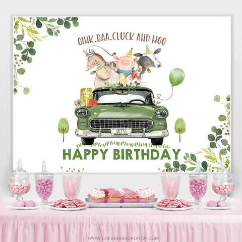 Feuilles vertes et voiture avec toile de fond animal joyeux anniversaire