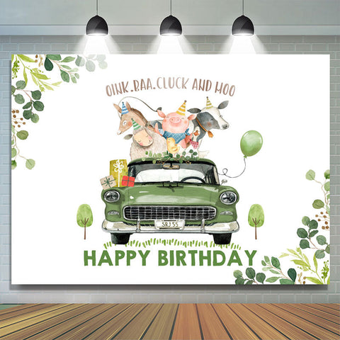 Feuilles vertes et voiture avec toile de fond animal joyeux anniversaire