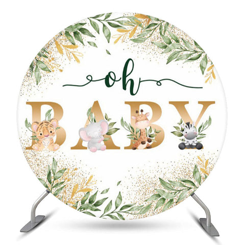 Feuilles vertes Animaux Oh Baby Shower Toile de fond ronde