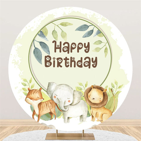 Feuilles vertes rondes animaux joyeux anniversaire toile de fond