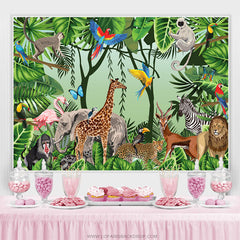 Toile de fond de fête d'anniversaire d'animaux de safari de feuilles vertes