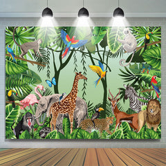 Toile de fond de fête d'anniversaire d'animaux de safari de feuilles vertes