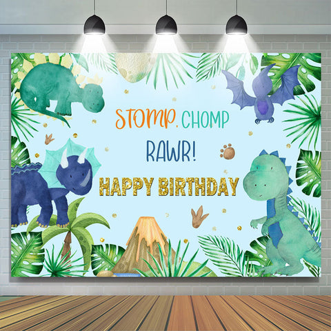 Feuilles vertes Stomp Chomp Rawr bleu joyeux anniversaire toile de fond