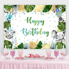 Toile de fond d'anniversaire Boho animal de la forêt verte Monstera