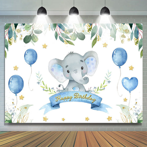 Toile de fond de joyeux anniversaire de plantes vertes et de ballons bleus