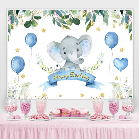 Toile de fond de joyeux anniversaire de plantes vertes et de ballons bleus