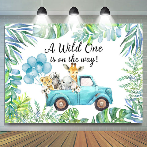 Camion bleu plante verte avec toile de fond anniversaire animaux