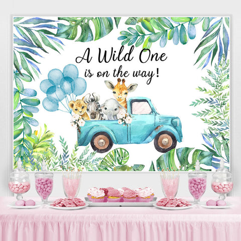 Camion bleu plante verte avec toile de fond anniversaire animaux