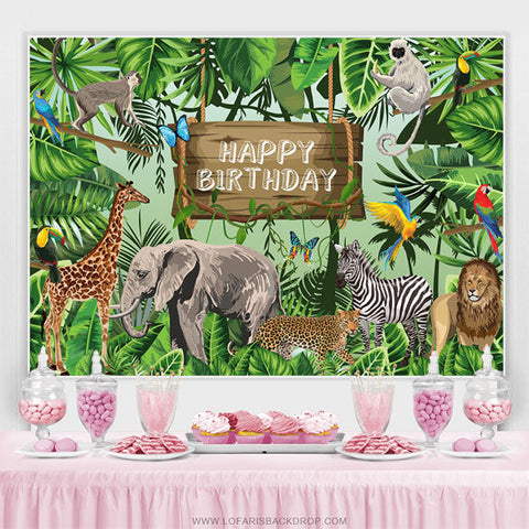 Vert Safari Animaux Plantes Joyeux Anniversaire Toile de Fond