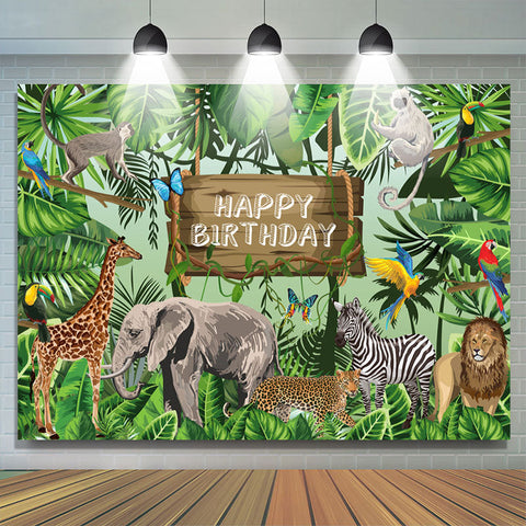 Vert Safari Animaux Plantes Joyeux Anniversaire Toile de Fond