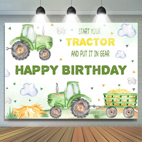 Toile de fond de fête d'anniversaire de nuage de tracteur vert pour garçon