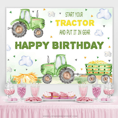 Toile de fond de fête d'anniversaire de nuage de tracteur vert pour garçon