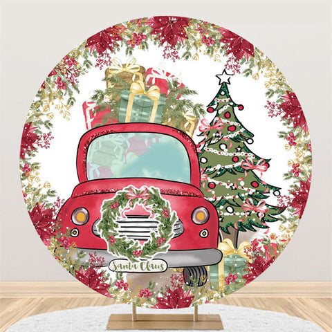 Toile de fond de noël de cercle de voiture rouge arbre vert pour la fête