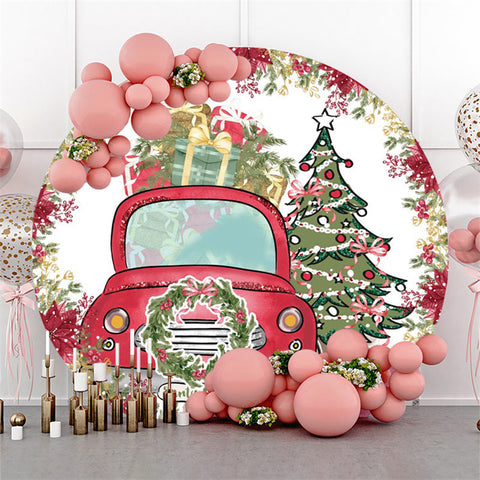 Toile de fond de noël de cercle de voiture rouge arbre vert pour la fête