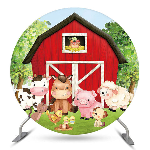 Couverture de toile de fond ronde Green Tree Red Farm Brithday