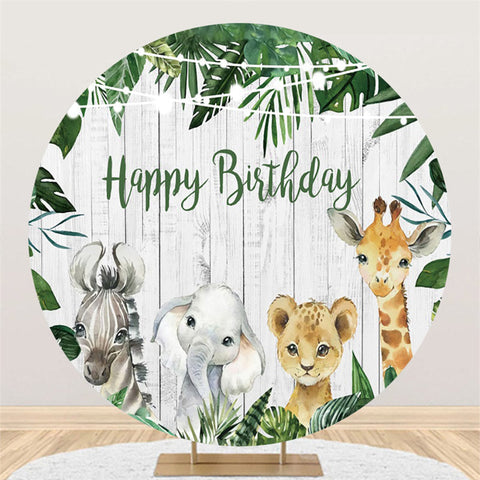 Feuilles Vertes Et Animaux Ronds Toile De Fond Joyeux Anniversaire