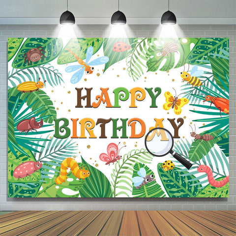 Feuilles vertes et toile de fond joyeux anniversaire insecte mignon