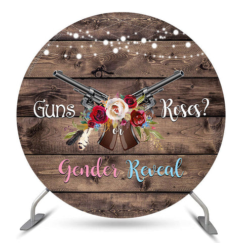 Guns Or Roses Floral Wood Circle Gender Reveal Backdrop