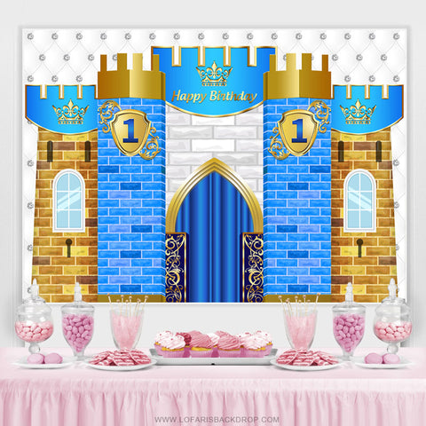 Joyeux 1er anniversaire château couronne toile de fond pour les enfants