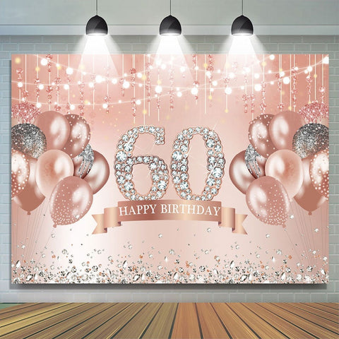 Joyeux 60e Anniversaire Ballon Rose Diamants Toile de Fond Giltter