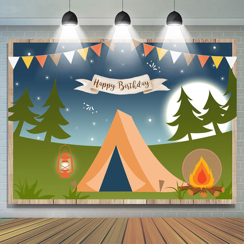 Joyeux anniversaire camping nuit forêt dessin animé fête toile de fond