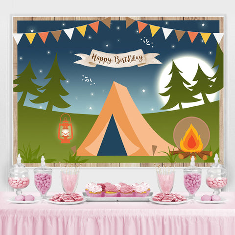 Joyeux anniversaire camping nuit forêt dessin animé fête toile de fond