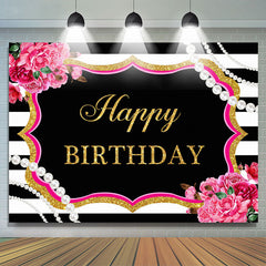 Joyeux Anniversaire Perles Florales Toile de Fond Blanc Noir pour la Fête