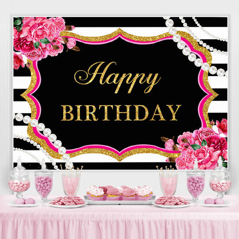 Joyeux Anniversaire Perles Florales Toile de Fond Blanc Noir pour la Fête