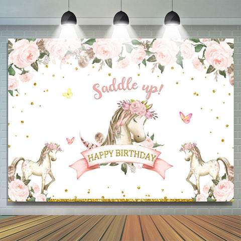 Happy Birthday Saddle Up Horse Toile de fond sur le th¨¨me de la fleur rose