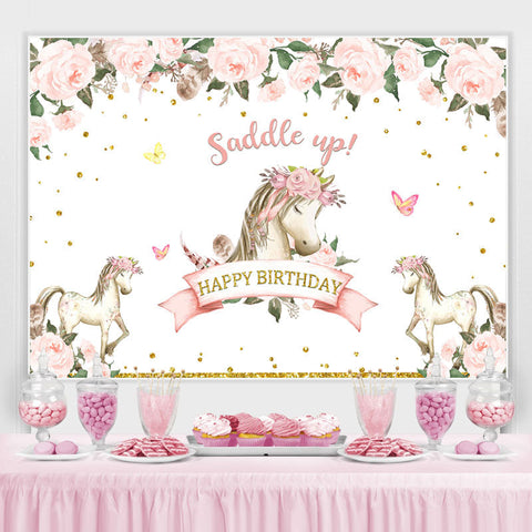 Happy Birthday Saddle Up Horse Toile de fond sur le th¨¨me de la fleur rose