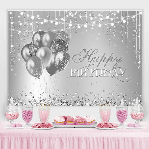 Joyeux anniversaire Silver Balloon Glitter Lights Toile de fond pour la f¨ote