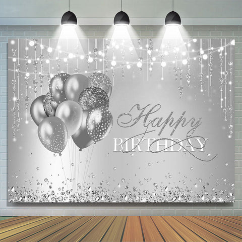 Joyeux anniversaire Silver Balloon Glitter Lights Toile de fond pour la f¨ote