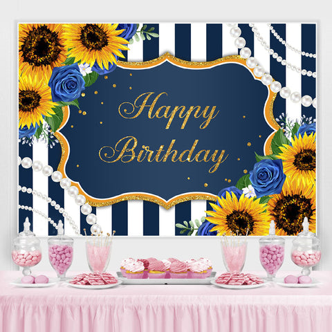 Joyeux anniversaire tournesol bleu rose perles rayure toile de fond