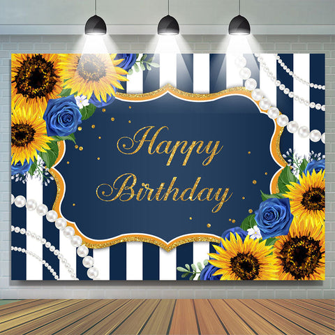 Joyeux anniversaire tournesol bleu rose perles rayure toile de fond