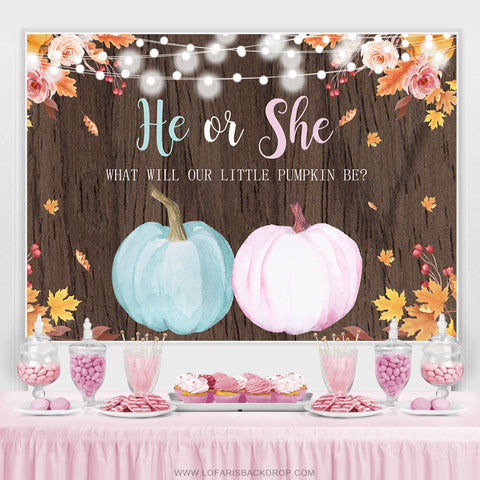 Il ou elle bleu rose citrouille baby shower toile de fond en bois