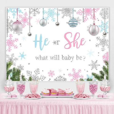 Il ou elle Silver Pellet Snowflake Baby Shower Toile de fond