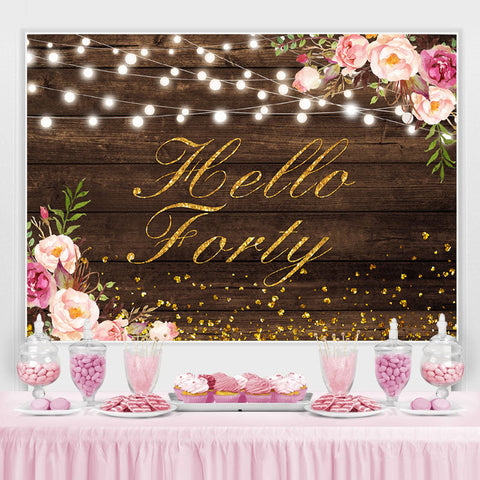 Hello Forty Floral Gold Glitter Toile de fond pour anniversaire