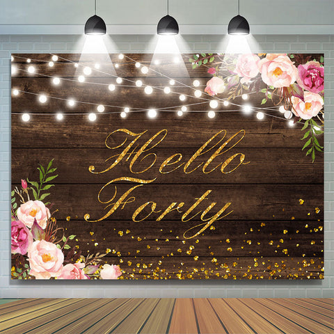 Hello Forty Floral Gold Glitter Toile de fond pour anniversaire