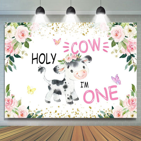 Holy Cow Pink Floral Gold Glitter Premier anniversaire Toile de fond pour fille