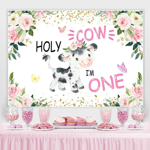 Holy Cow Pink Floral Gold Glitter Premier anniversaire Toile de fond pour fille