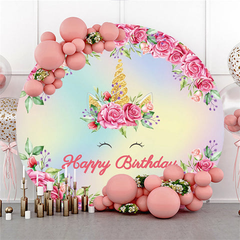 Fond de joyeux anniversaire rond paillettes florales rose vif