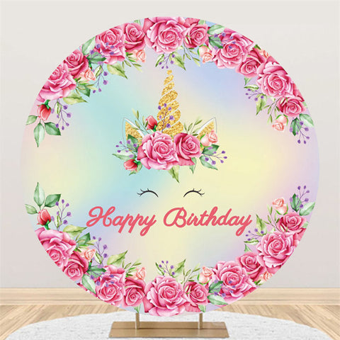 Fond de joyeux anniversaire rond paillettes florales rose vif