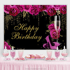 Toile de fond de joyeux anniversaire à paillettes dorées florales rose vif