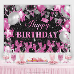 Ballons argentés rose vif paillettes fond d'anniversaire noir