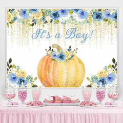 C'est un garçon! Toile de fond de douche de bébé citrouille fleurs bleues