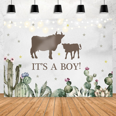 C'est une toile de fond de fête de douche de bébé de bétail de cactus de garçon
