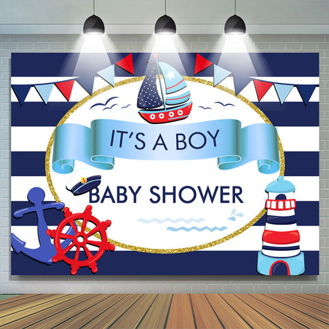 C'est une toile de fond de douche de bébé sur le thème de la voile en mer pour garçon