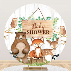 Toile de fond ronde en bois gris pour fête prénatale, animaux de la jungle