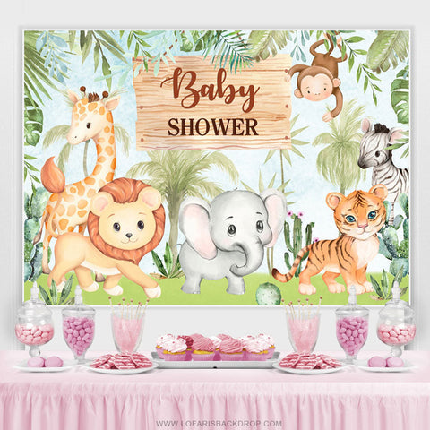Animaux mignons de la jungle et toile de fond de douche de bébé arbres verts