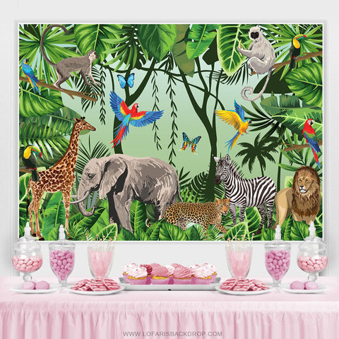 Toile de fond de fête d'anniversaire des animaux de la forêt de la jungle pour les enfants